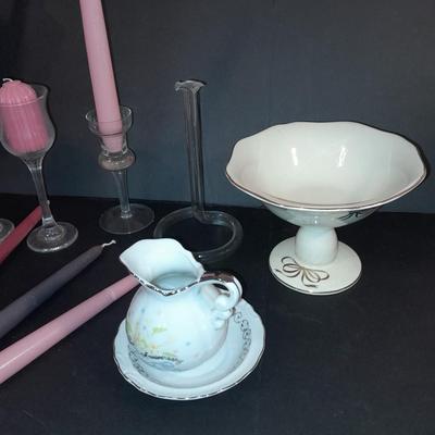 Candle sconces, tapered candles, vases, and new in box 15" glass hurricane candle holder