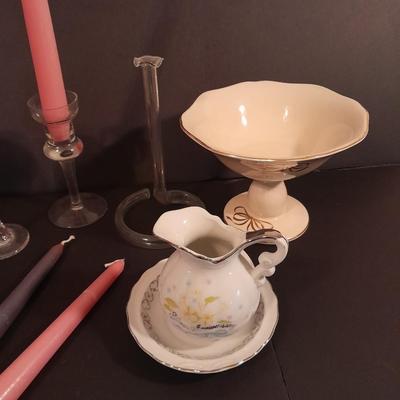 Candle sconces, tapered candles, vases, and new in box 15" glass hurricane candle holder