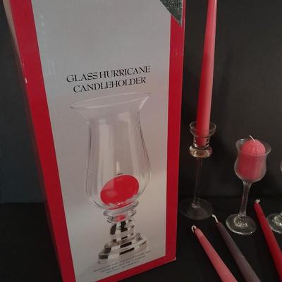 Candle sconces, tapered candles, vases, and new in box 15" glass hurricane candle holder