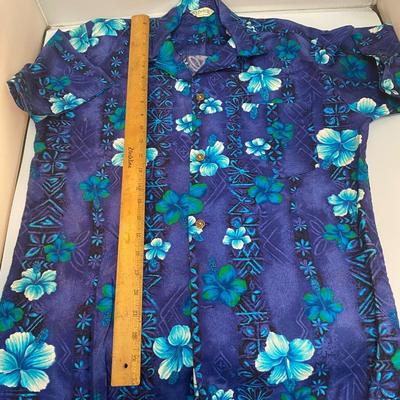 Vintage Royal True Blue Hawaiian Shirt with Bright Blue & Green Hibiscus Flowers Hookano Brand Hawaii