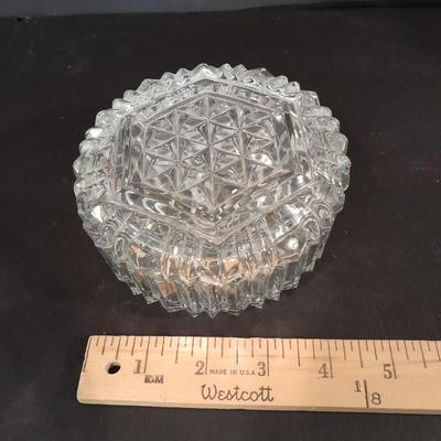 Lidded glass candy dishes and clear glass vase