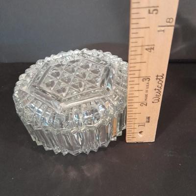 Lidded glass candy dishes and clear glass vase