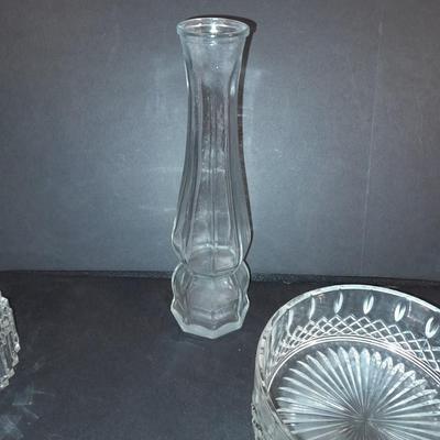 Lidded glass candy dishes and clear glass vase