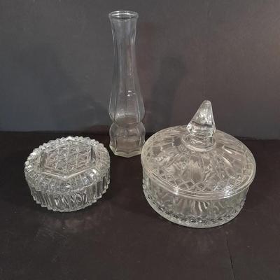 Lidded glass candy dishes and clear glass vase