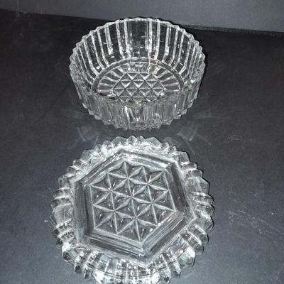 Lidded glass candy dishes and clear glass vase