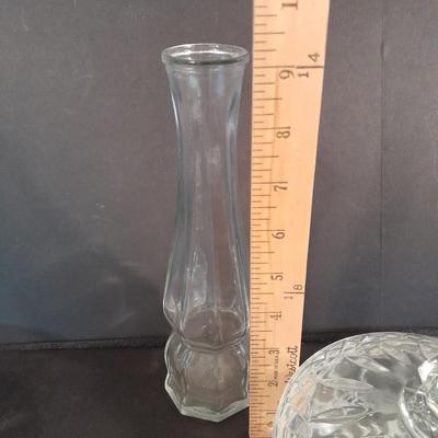 Lidded glass candy dishes and clear glass vase