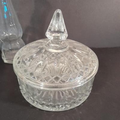 Lidded glass candy dishes and clear glass vase