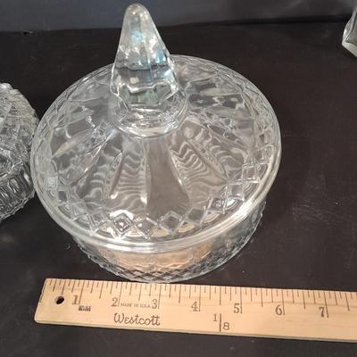 Lidded glass candy dishes and clear glass vase