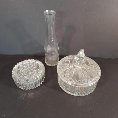 Lidded glass candy dishes and clear glass vase