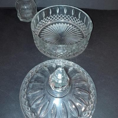 Lidded glass candy dishes and clear glass vase