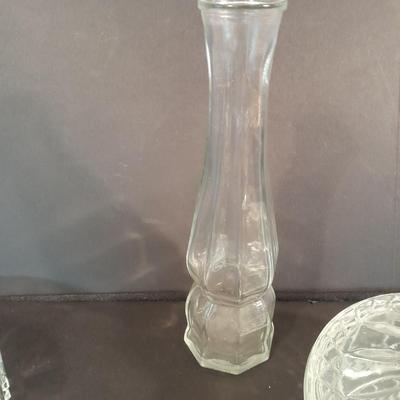 Lidded glass candy dishes and clear glass vase