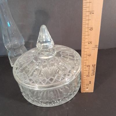 Lidded glass candy dishes and clear glass vase