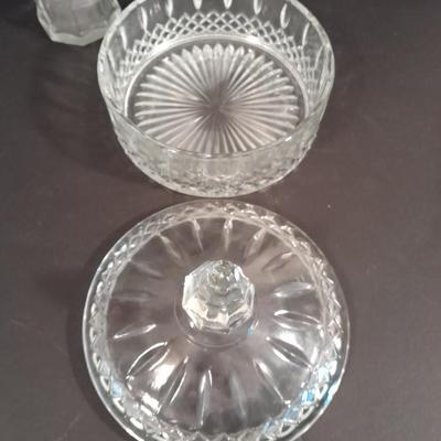 Lidded glass candy dishes and clear glass vase