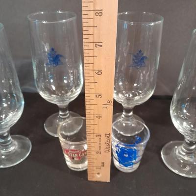 Six Libbey Anheuser Busch Beer Glasses Blue logo with two shot glasses