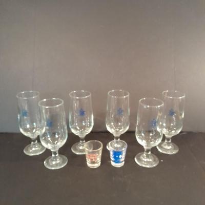 Six Libbey Anheuser Busch Beer Glasses Blue logo with two shot glasses