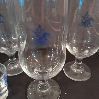 Six Libbey Anheuser Busch Beer Glasses Blue logo with two shot glasses