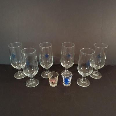 Six Libbey Anheuser Busch Beer Glasses Blue logo with two shot glasses