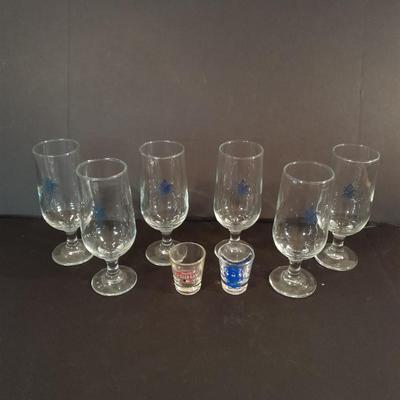 Six Libbey Anheuser Busch Beer Glasses Blue logo with two shot glasses