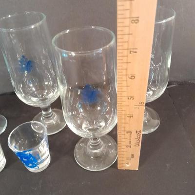 Six Libbey Anheuser Busch Beer Glasses Blue logo with two shot glasses