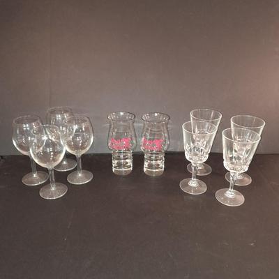 Two red Lobster glasses and stemware wine glasses