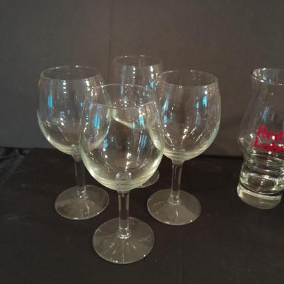 Two red Lobster glasses and stemware wine glasses