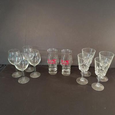 Two red Lobster glasses and stemware wine glasses
