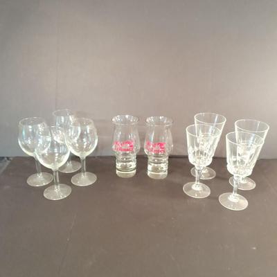 Two red Lobster glasses and stemware wine glasses