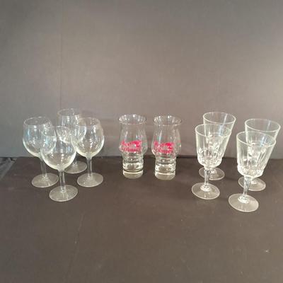 Two red Lobster glasses and stemware wine glasses