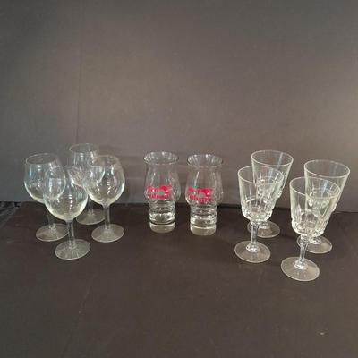 Two red Lobster glasses and stemware wine glasses