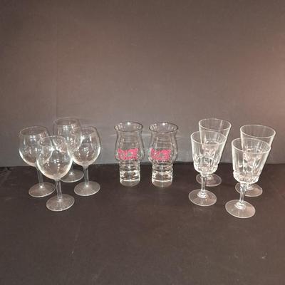 Two red Lobster glasses and stemware wine glasses