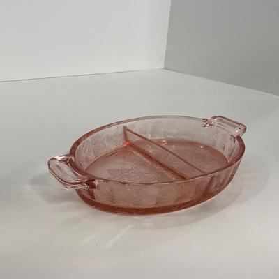 -161- URANIUM | Floral â€œPoinsettiaâ€ Jeanette Glass Co. | Divided Dish & Shaker