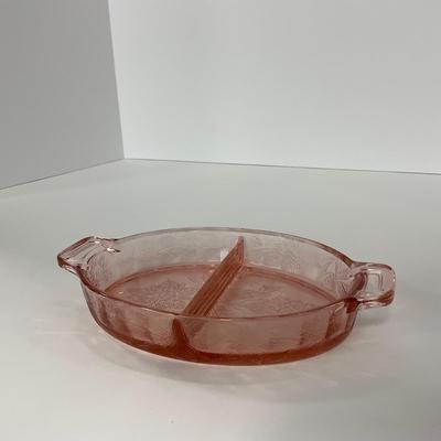 -161- URANIUM | Floral â€œPoinsettiaâ€ Jeanette Glass Co. | Divided Dish & Shaker