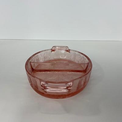 -161- URANIUM | Floral â€œPoinsettiaâ€ Jeanette Glass Co. | Divided Dish & Shaker