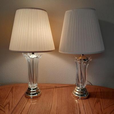 Two glass and brass table lamps with lamp shades