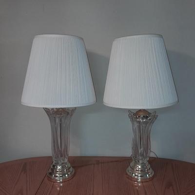 Two glass and brass table lamps with lamp shades