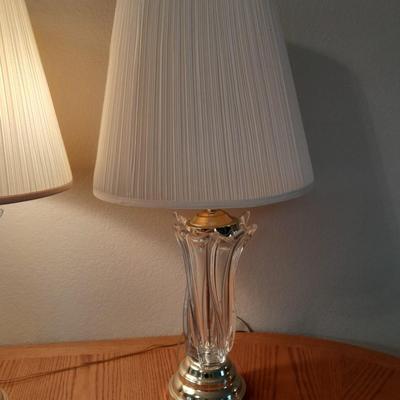 Two glass and brass table lamps with lamp shades