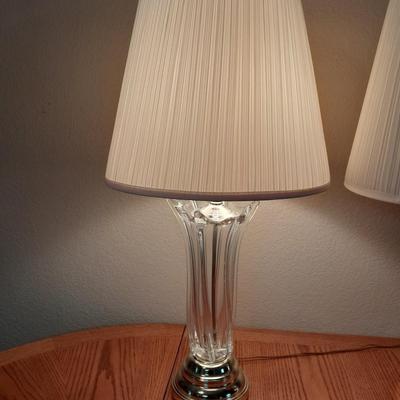 Two glass and brass table lamps with lamp shades