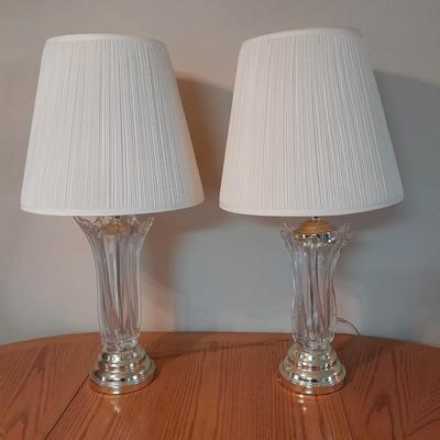 Two glass and brass table lamps with lamp shades