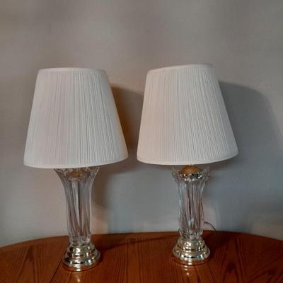 Two glass and brass table lamps with lamp shades