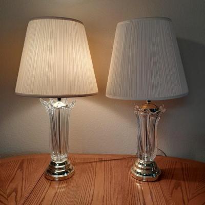 Two glass and brass table lamps with lamp shades