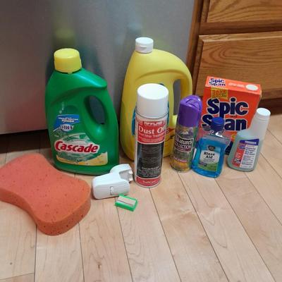 Dishwasher soap and other cleaning supplies full to almost full bottles