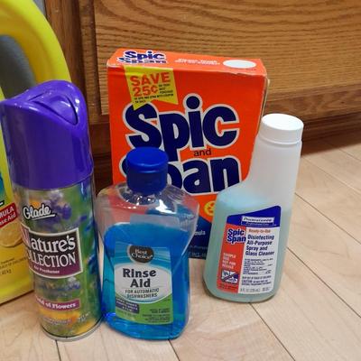 Dishwasher soap and other cleaning supplies full to almost full bottles