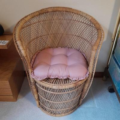 Vintage Mid Century Wicker Barrel Chair, Boho Wicker Arm, Peacock Chair with cushion