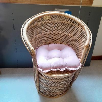 Vintage Mid Century Wicker Barrel Chair, Boho Wicker Arm, Peacock Chair with cushion