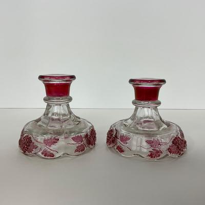 -185- GLASSWARE | Westmoreland Paneled Grape Ruby Flashed | Candlesticks
