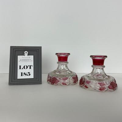 -185- GLASSWARE | Westmoreland Paneled Grape Ruby Flashed | Candlesticks