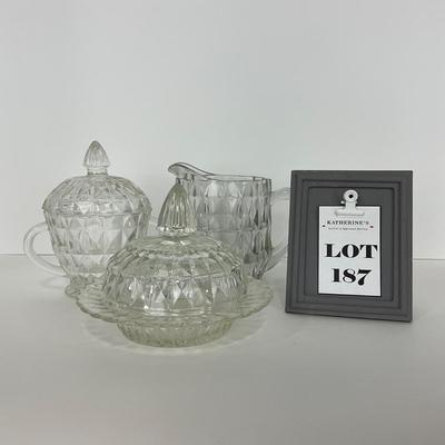 -187- GLASSWARE | Windsor Diamond Jeanette Glass Co. | Creamer, Sugar, & Butter Dish