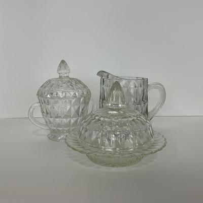 -187- GLASSWARE | Windsor Diamond Jeanette Glass Co. | Creamer, Sugar, & Butter Dish