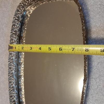 Vintage Obling Gold Filigree Mirrored Vanity Tray with Purple stripe Curtains and Valance
