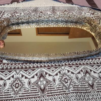Vintage Obling Gold Filigree Mirrored Vanity Tray with Purple stripe Curtains and Valance